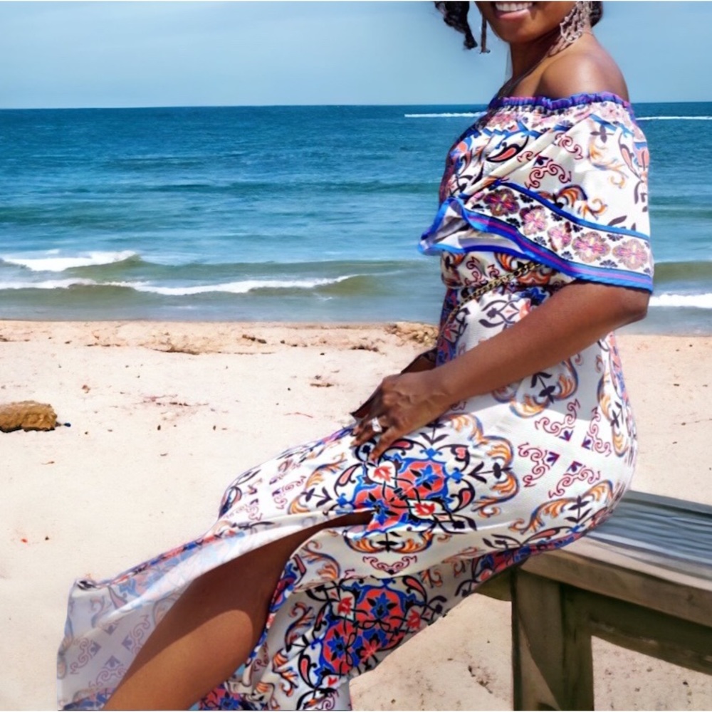 Flying Tomato Boho Cream, Blue & Orange Print Off Shoulder Maxi Dress w/…